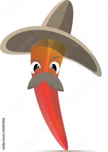Cartoon mexican chilli pepper in hat vector illustration.