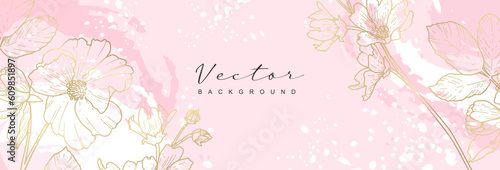 Luxury floral wallpaper with gold line art. Beautiful pink background with elegant flowers. Vector design for wedding card, home decor, print, cover, banner, advertisement, invitation