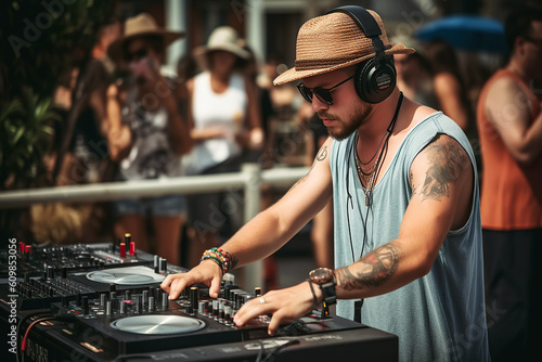 man DJ mixes music on mixer board at outdoor party in summer. Generative AI illustration