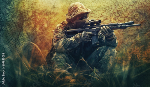 man in army kit holds a rifle in woodland stock photo, in the style of meticulously detailed, Generative AI 