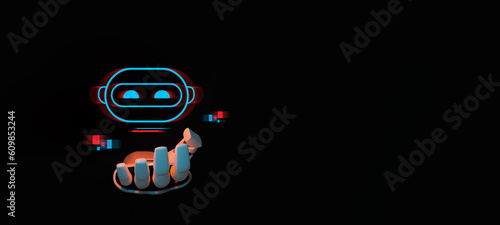 Artificial intelligence Machine Learning Business Internet Technology Concept. Circuit board in shape electronic brain with gyrus, symbol ai hanging over hand robot. 3D illustration