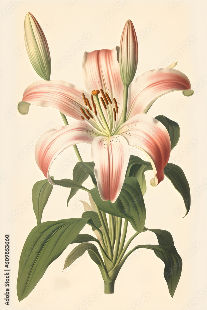 lilium botanical lithograph illustration on vintage cream paper, generative ai