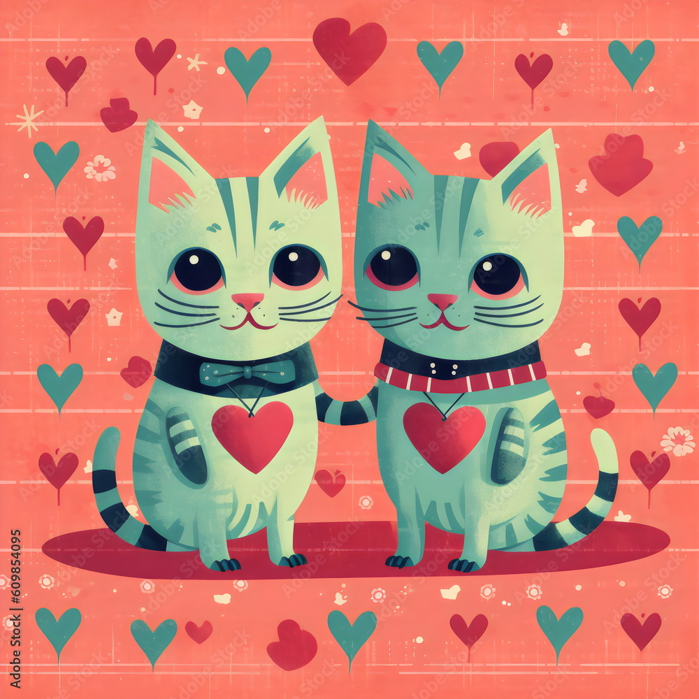 Fototapeta premium two cats in love retro valentines illustration made with generative ai