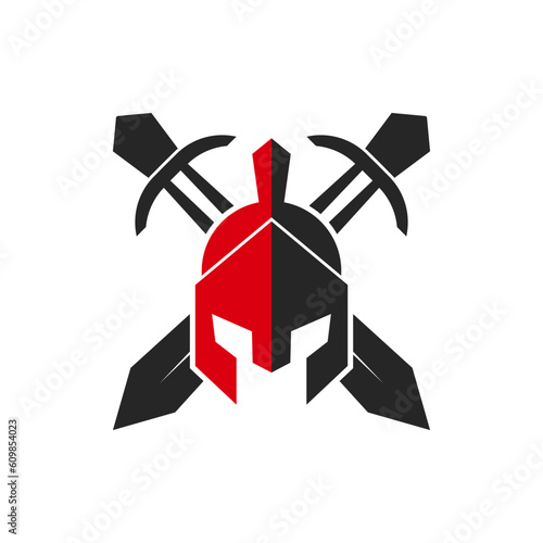 Greek Sparta Spartan Helmet Warrior with Crossed Blade Sword logo design concept