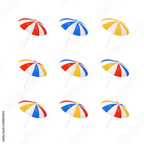 Beach Smbrella Icons Set. Summer Parasol Sign. Colorful White, Blue, Red, Yellow Stripes. Various color alternations. Icons isolated on white. Realistic Cartoon Design Clip-Art. 3D Vector