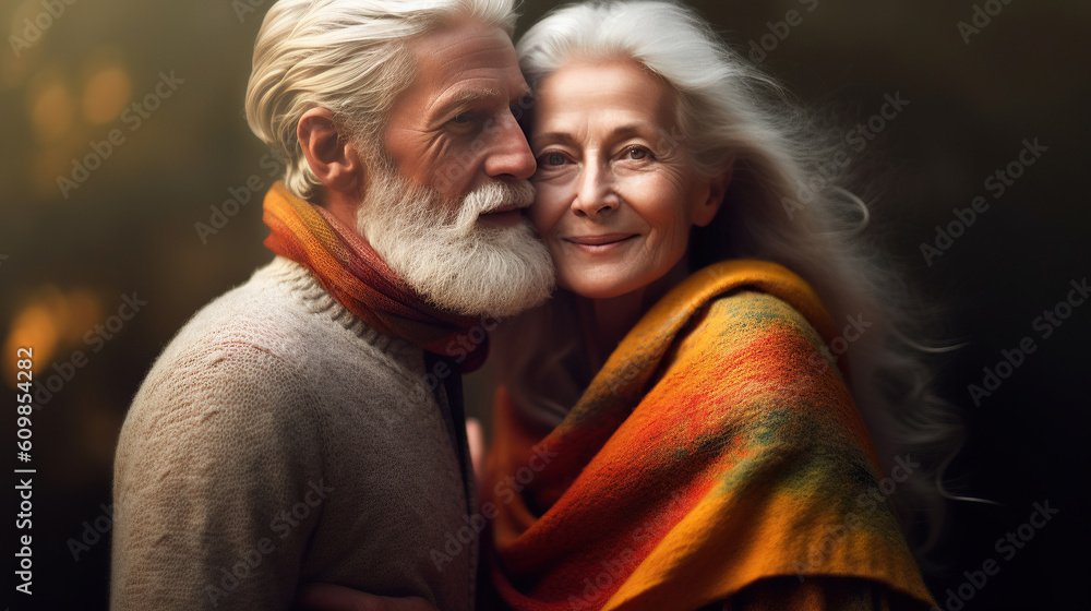 Man hugging a woman 60 years old, beautiful natural ageing.