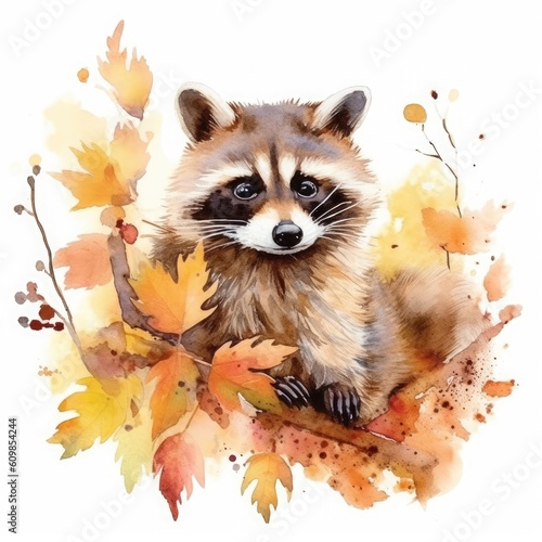 watercolor raccoon lies on a branch with autumn leaves on it Generative Ai