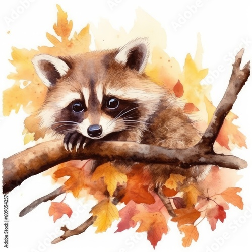 watercolor raccoon lies on a branch with autumn leaves on it Generative Ai