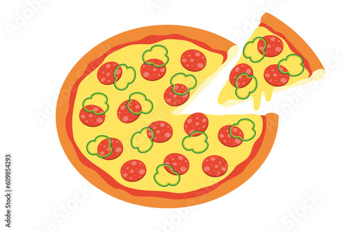 pizza with salami, green peppers and cheese for banners, cards, flyers, social media wallpapers, etc.