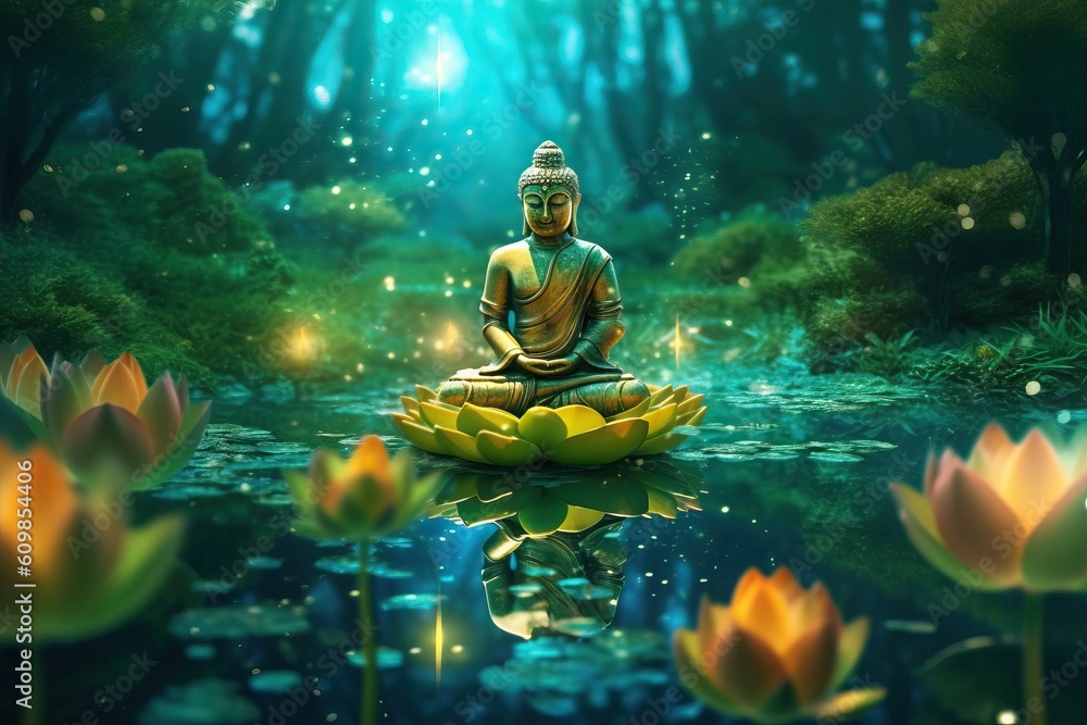 Fototapeta premium Portrait buddha statue with lotus flower AI Generative