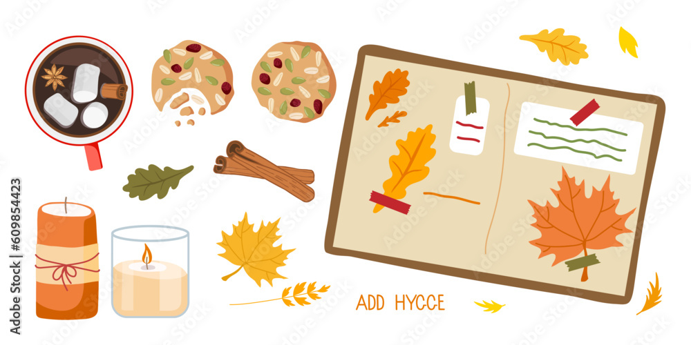 Cozy autumn set. Seasonal different elements hot chocolate mug, cookies, red leaves, candles, herbarium. Autumn vector illustration for Fall mood poster, sticker, postcard, flyer template.