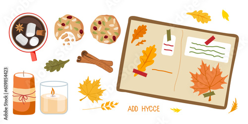 Cozy autumn set. Seasonal different elements hot chocolate mug, cookies, red leaves, candles, herbarium. Autumn vector illustration for Fall mood poster, sticker, postcard, flyer template.
