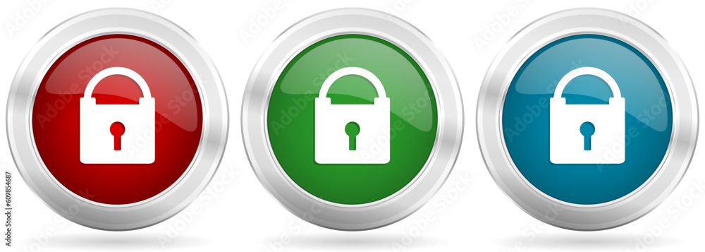 Padlock, security vector icon set. Red, blue and green silver metallic web buttons with chrome border