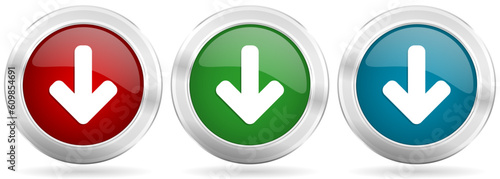 Down arrow, download vector icon set. Red, blue and green silver metallic web buttons with chrome border