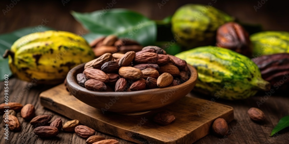 Portrait cocoa beans with cocoa fruits on the table AI Generative Portrait cocoa beans with cocoa fruits on the table AI Generative
