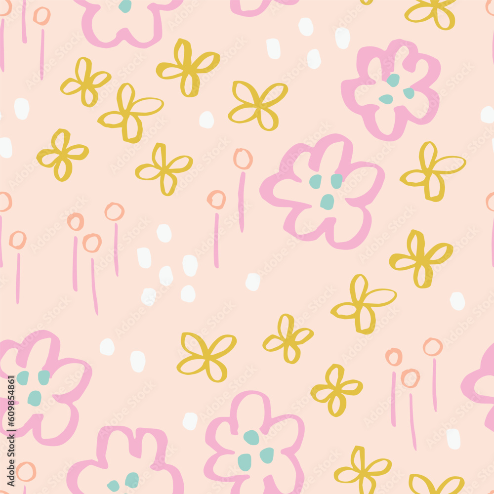 Beautiful Floral Field vector texture. Seamless floral pattern with hand drawn ink flowers and leaves. Abstract botanical background
