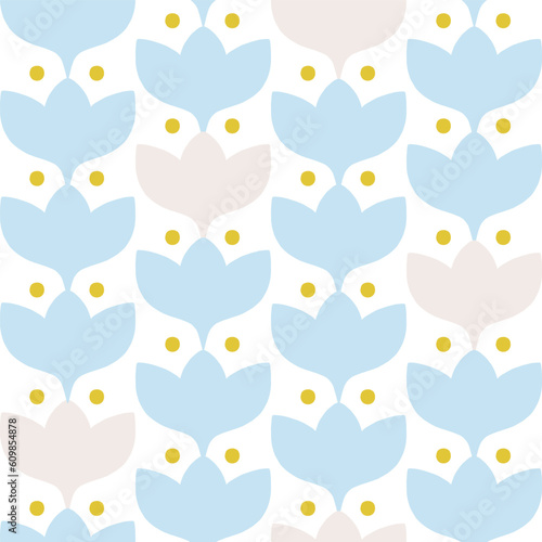 Retro abstract floral texture. Seamless vector pattern with repetition of flowers and dots. Geometrical simple flowers in a line