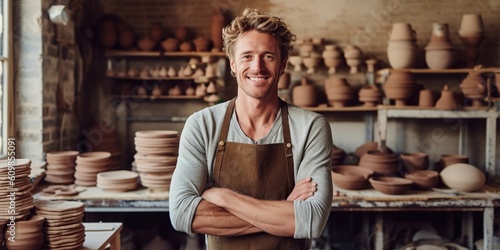 In a workshop, a portrait captures a handsome male potter master wearing a slight smile, showcasing his candid demeanor. His skilled hands expertly shape clay on the wheel. Generative AI photo