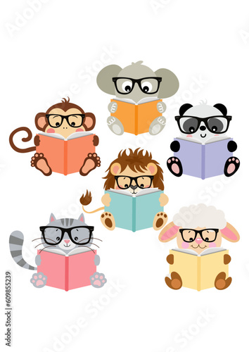 Set of cute animals reading a book