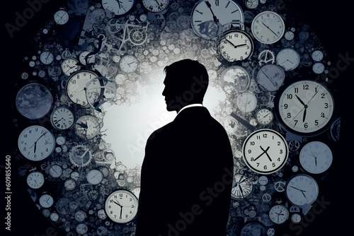 Businessman and clocks. Concept of time management, self-discipline, deadlines at work. Ability to juggle a few events and manage time. Generative AI
