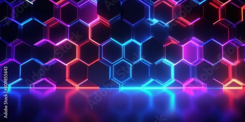 Abstract 3d hexagon background with colorful neon effect and futuristic technology concept. Generative AI.
