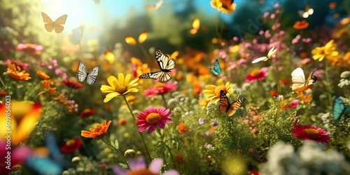 Beautiful butterfly on the flower garden with light exposure AI Generative