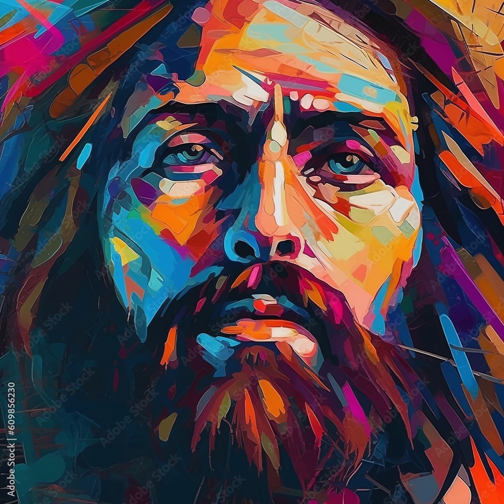 Portrait of a handsome Jesus Christ with painted face abstract