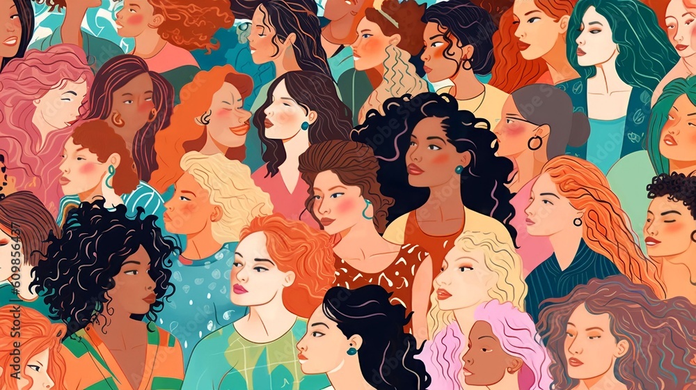 Fototapeta premium Vector illustration of a diverse group of beautiful women with natural beauty and glowing smooth skin, Generative AI