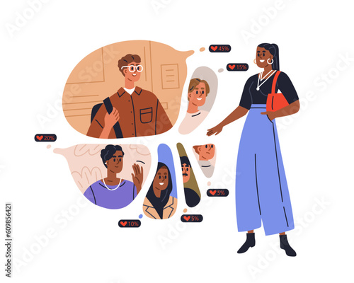 Woman choosing love partner, ranking, comparing men. Choice, comparison of different guys. Girl picks, selects person for romantic relationship. Flat vector illustration isolated on white background