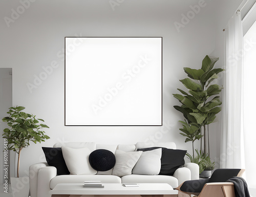 Poster frame mock up, minimal Scandinavian white style living room interior, modern living room interior background, Ai generative.