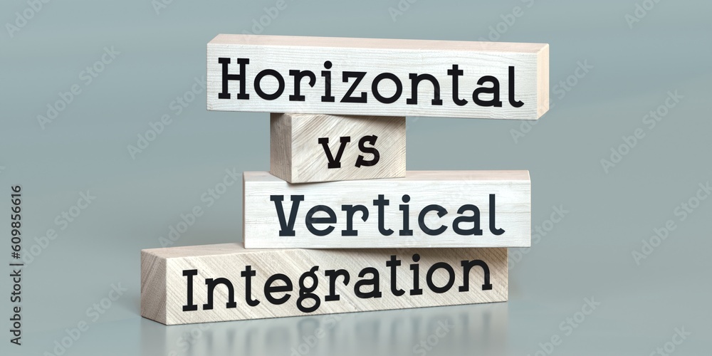 Horizontal vs vertical integration - words on wooden blocks - 3D illustration