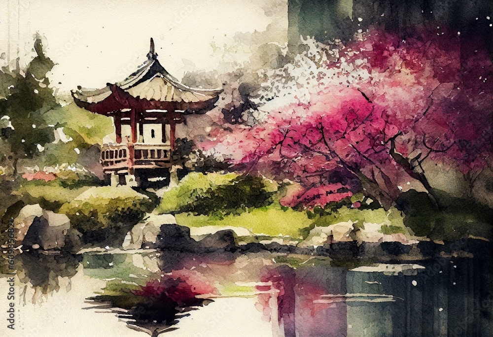 beautiful blooming Japanese garden, watercolor style Generative AI beautiful blooming Japanese garden, watercolor style Generative AI