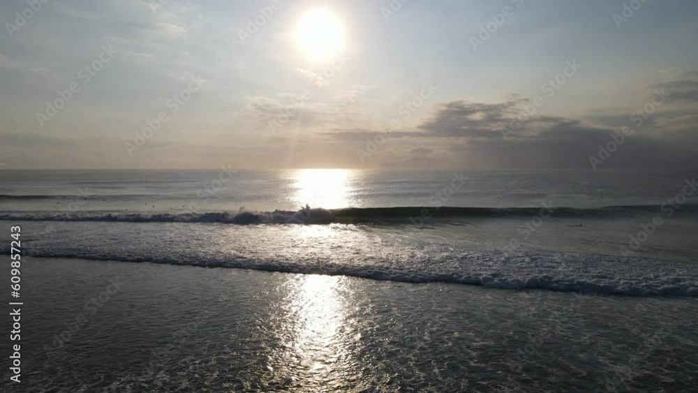 Aerial drone view of crashing waves at G-Land in Grajagan Bay at sunset, Java, Indonesia Aerial drone view of crashing waves at G-Land in Grajagan Bay at sunset, Java, Indonesia