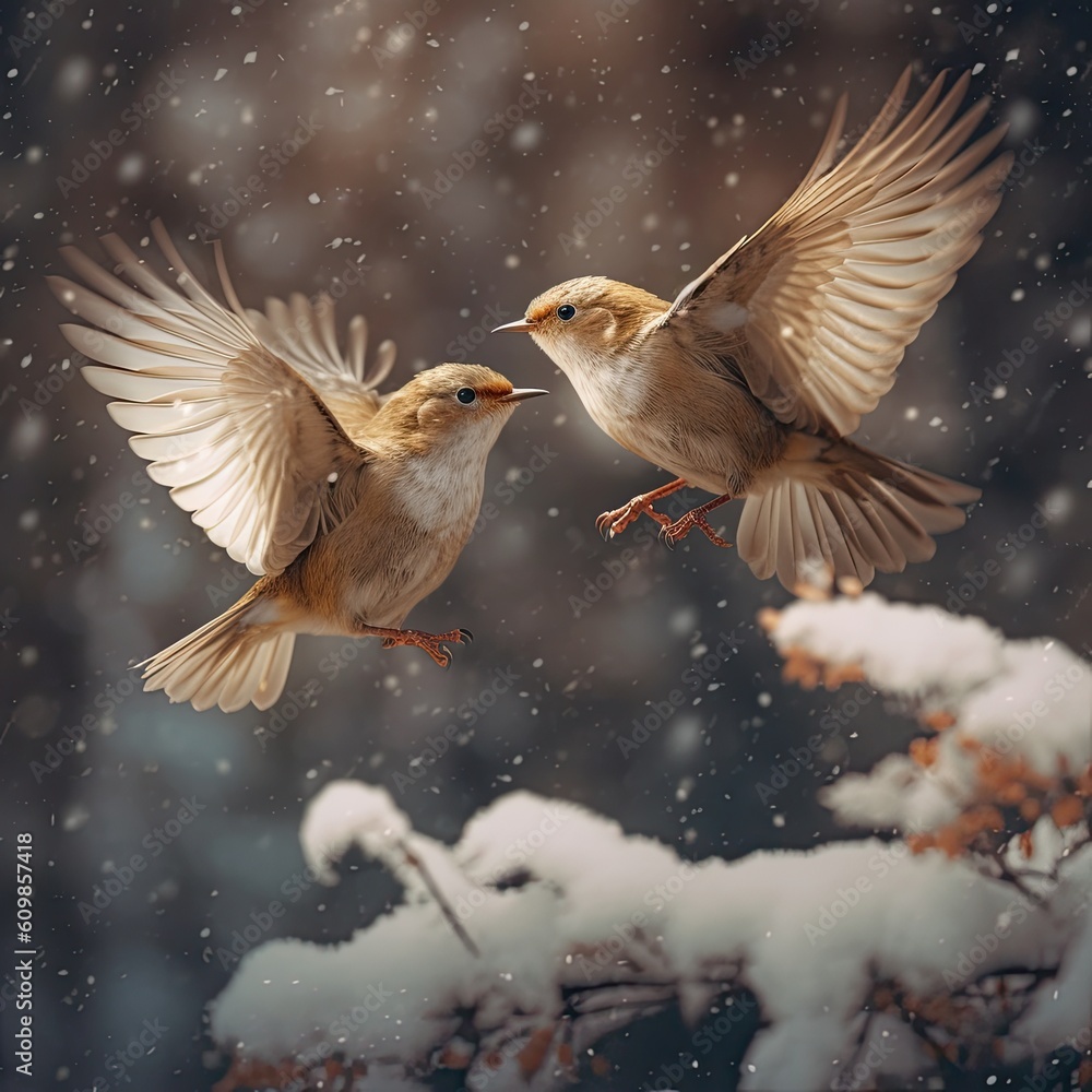 Fototapeta premium Winter Sparrow Takes Flight with Wings Spread in the Snow Generative Ai