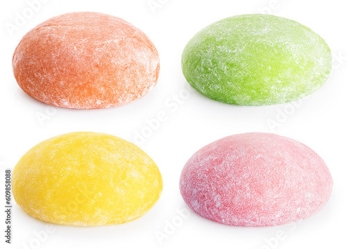 Four flavors of mochi ice cream isolated on a white background. Collection with clipping path.
