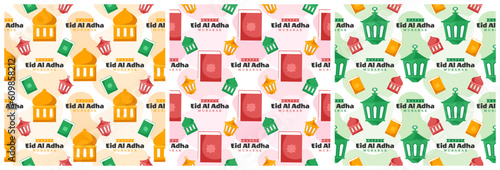 Set of Happy Eid Al Adha Mubarak Seamless Pattern of Muslims Celebration with Sacrificial Animals in Template Hand Drawn Cartoon Flat Illustration