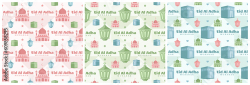 Set of Happy Eid Al Adha Mubarak Seamless Pattern of Muslims Celebration with Sacrificial Animals in Template Hand Drawn Cartoon Flat Illustration