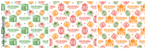Set of Happy Eid Al Adha Mubarak Seamless Pattern of Muslims Celebration with Sacrificial Animals in Template Hand Drawn Cartoon Flat Illustration
