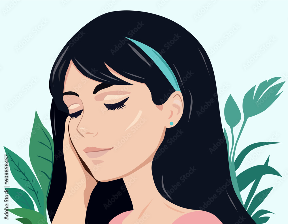 Beautiful woman cares for her face with natural cosmetics