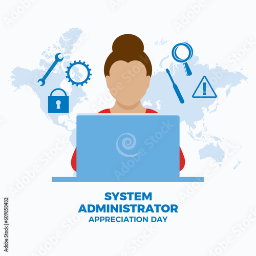 System Administrator Appreciation Day vector illustration. Female admin using laptop icon vector. Working woman system administrator design element. Programming symbol icon set. Important day