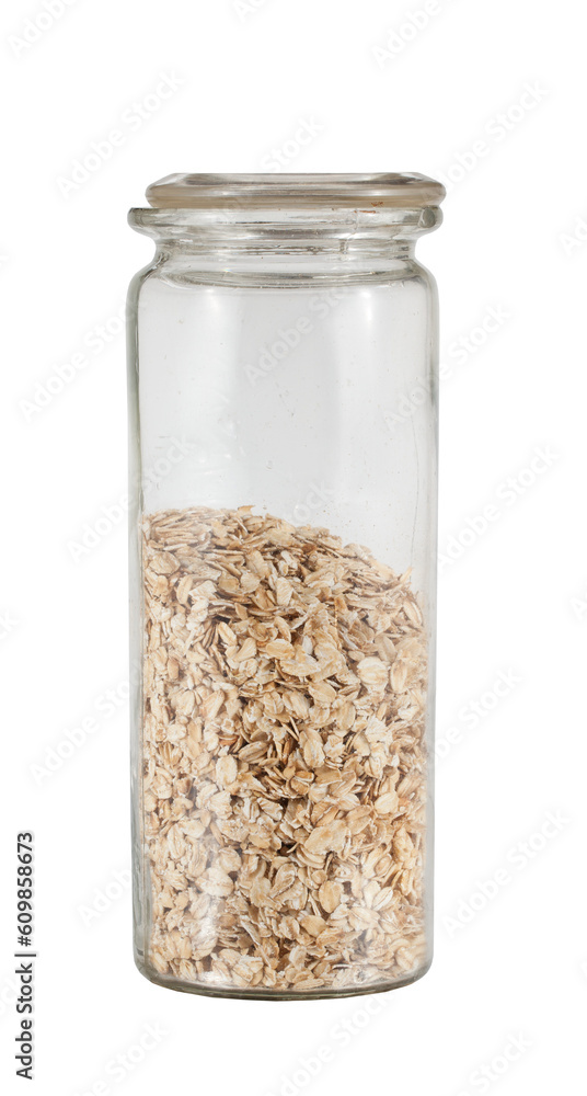 Transparent jar with lid with oatmeal inside. Transparent background. Transparent jar with lid with oatmeal inside. Transparent background.