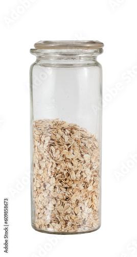 Transparent jar with lid with oatmeal inside. Transparent background.