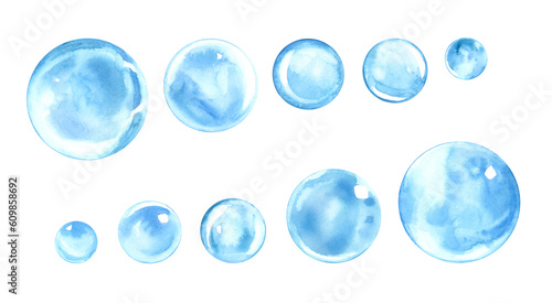 Set of light blue bubbles. Hand drawn by watercolor. Round transparent ball. For decoration ,design, soap, shampoo, cosmetics, postcards, packaging, design. Isolated on white background. 