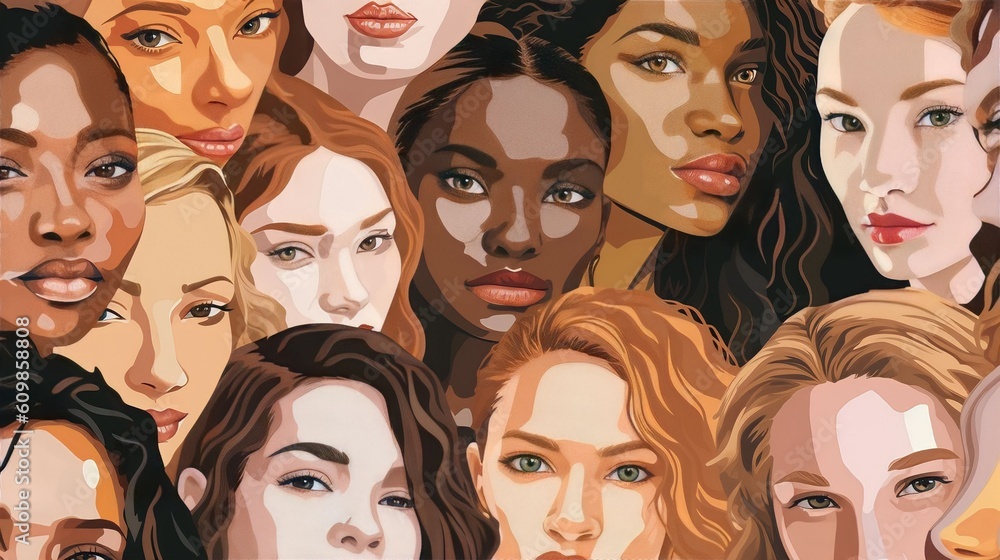 Vector illustration of a diverse group of beautiful women with natural beauty and glowing smooth skin, Generative AI