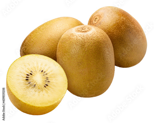 Golden Kiwi fruit with leaf on white background, Fresh Kiwi fruit on White Background PNG file.
