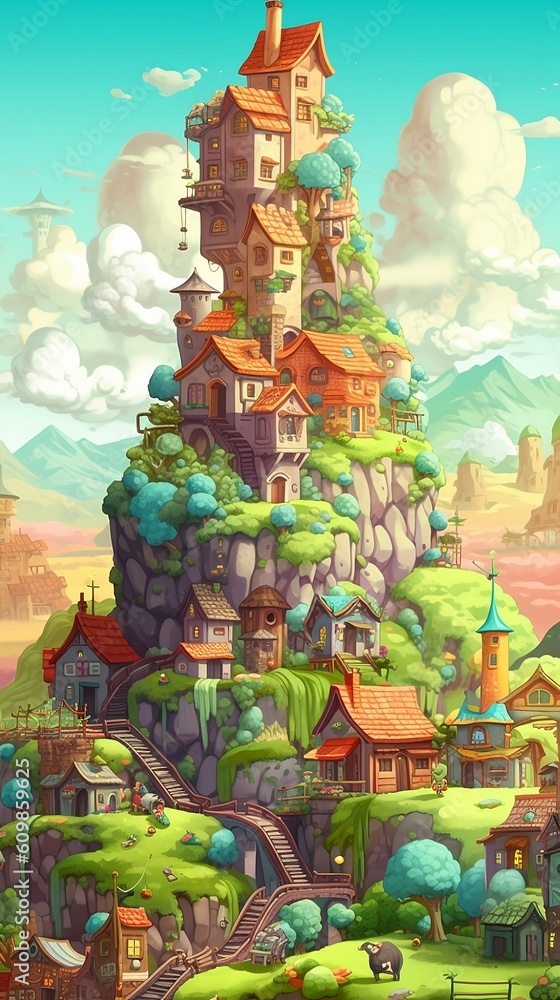 Fantasy treehouse town, mountainous vistas