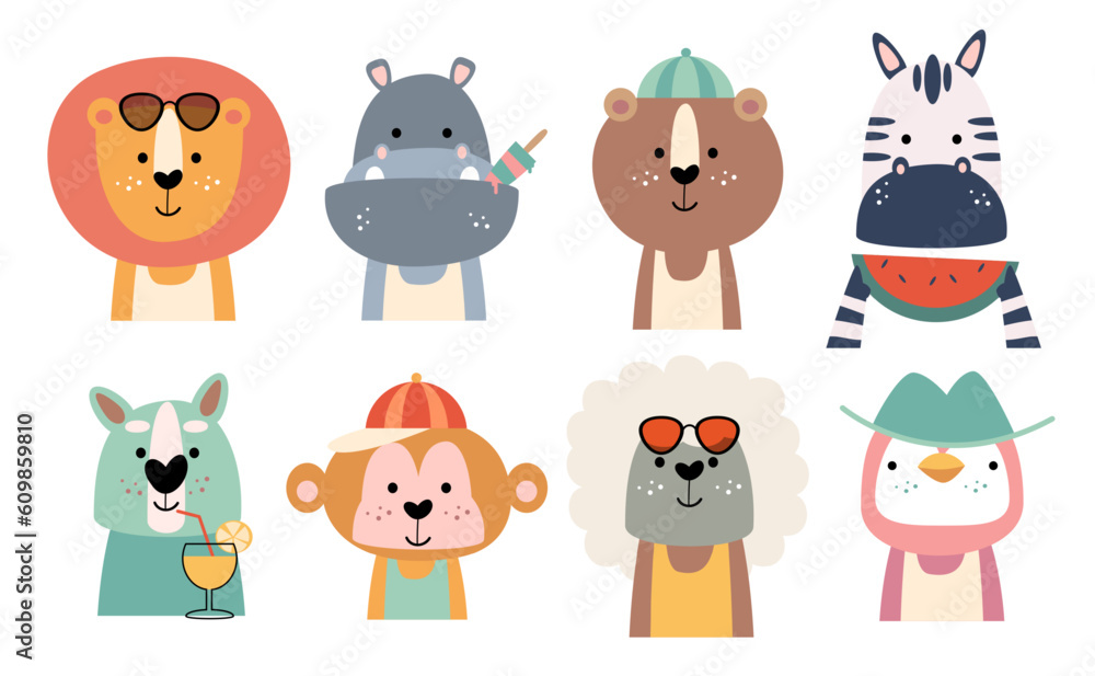 Set of wildlife animals with summer costume . Vector illustration . Set of wildlife animals with summer costume . Vector illustration .