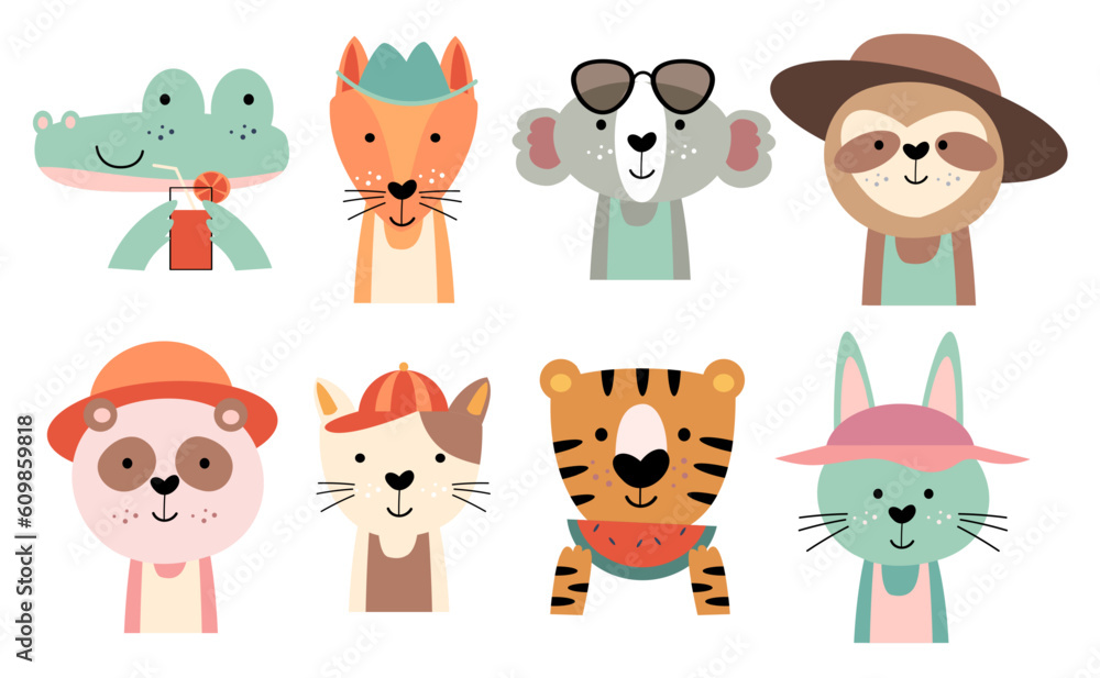 Set of wildlife animals with summer costume . Vector illustration . Set of wildlife animals with summer costume . Vector illustration .