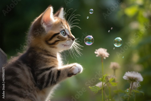 cute kitten reaching for bubbles in the garden