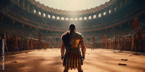 Ancient Roman gladiator in the arena for battles Colosseum, against the background of an anticipated battle by the crowd, realistic art generated ai, rear view